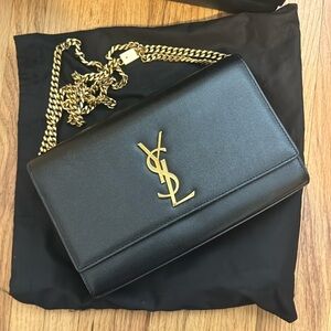 Yves Saint Laurent Black Leather Shoulder Bag with Gold Chain